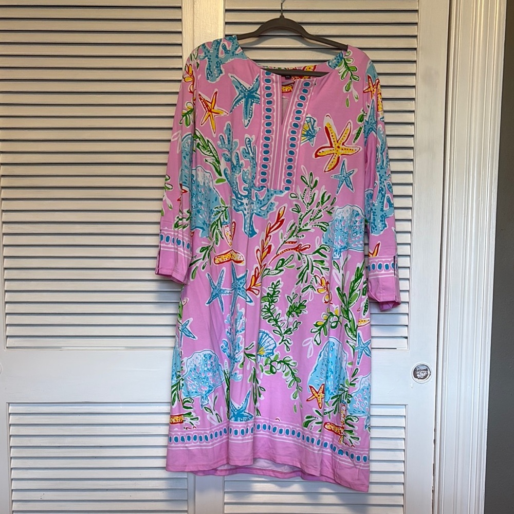 Vibrant Pink and Blue Resort Sundress with 3/4 Sleeves